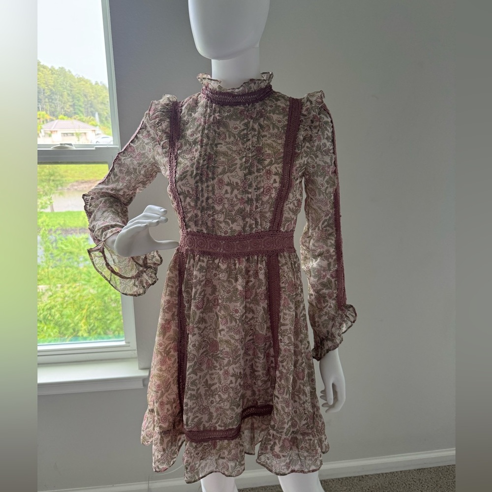 Vintage Topshop Maroon and Cream Floral Long Sleeve Dress